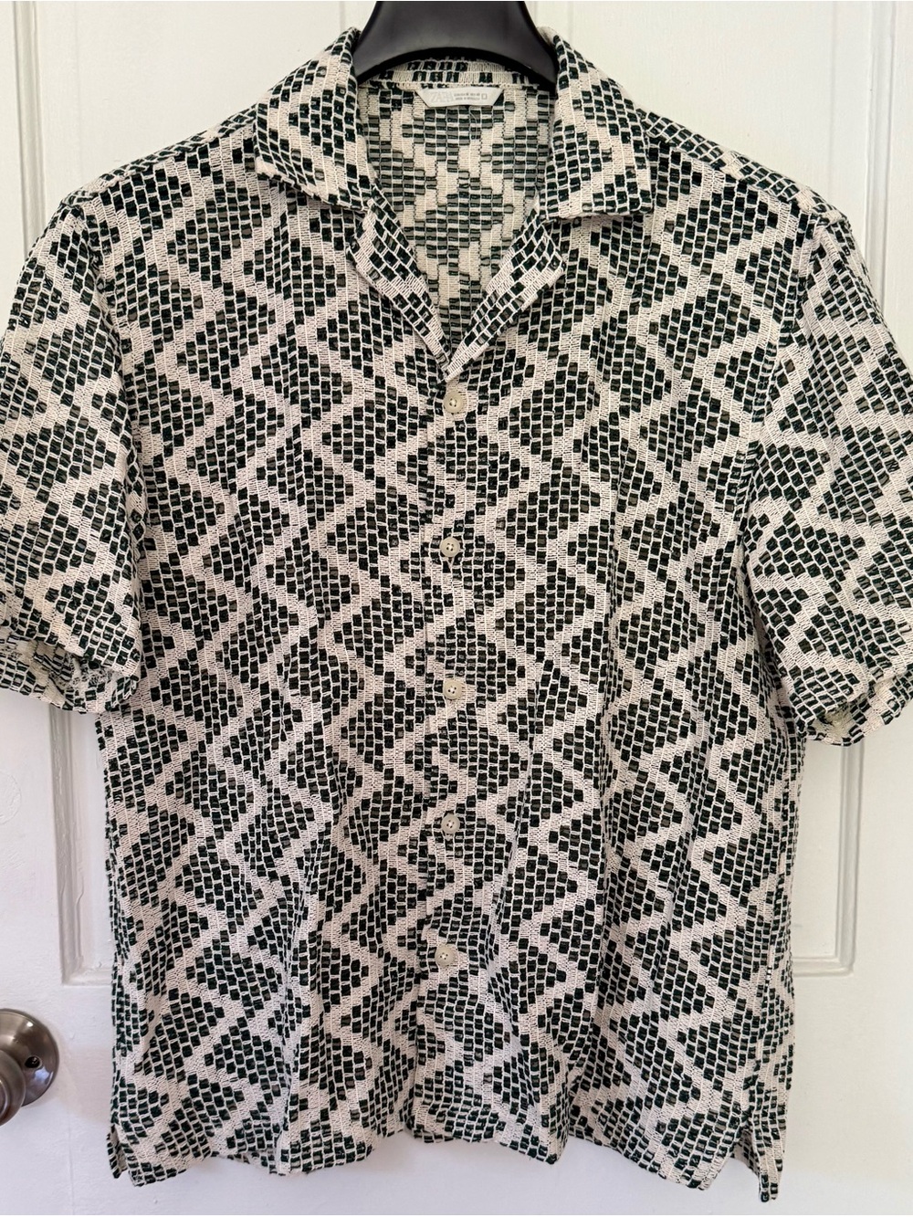 Zara Short Sleeve Crochet Geometric Button-Down Shirt